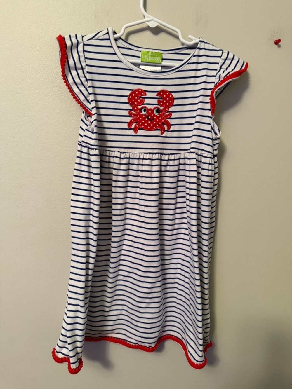 Classic Whimsy Striped Navy Dress with Red Crab